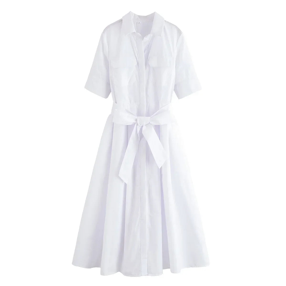 Collar Short Sleeve Chest Pocket Belted A-Line Shirt Dress 7