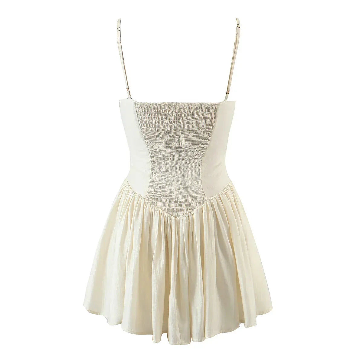 Ivory Spaghetti Strap Sweetheart Ruched Bubble Hem A-Line Mini Dress 10