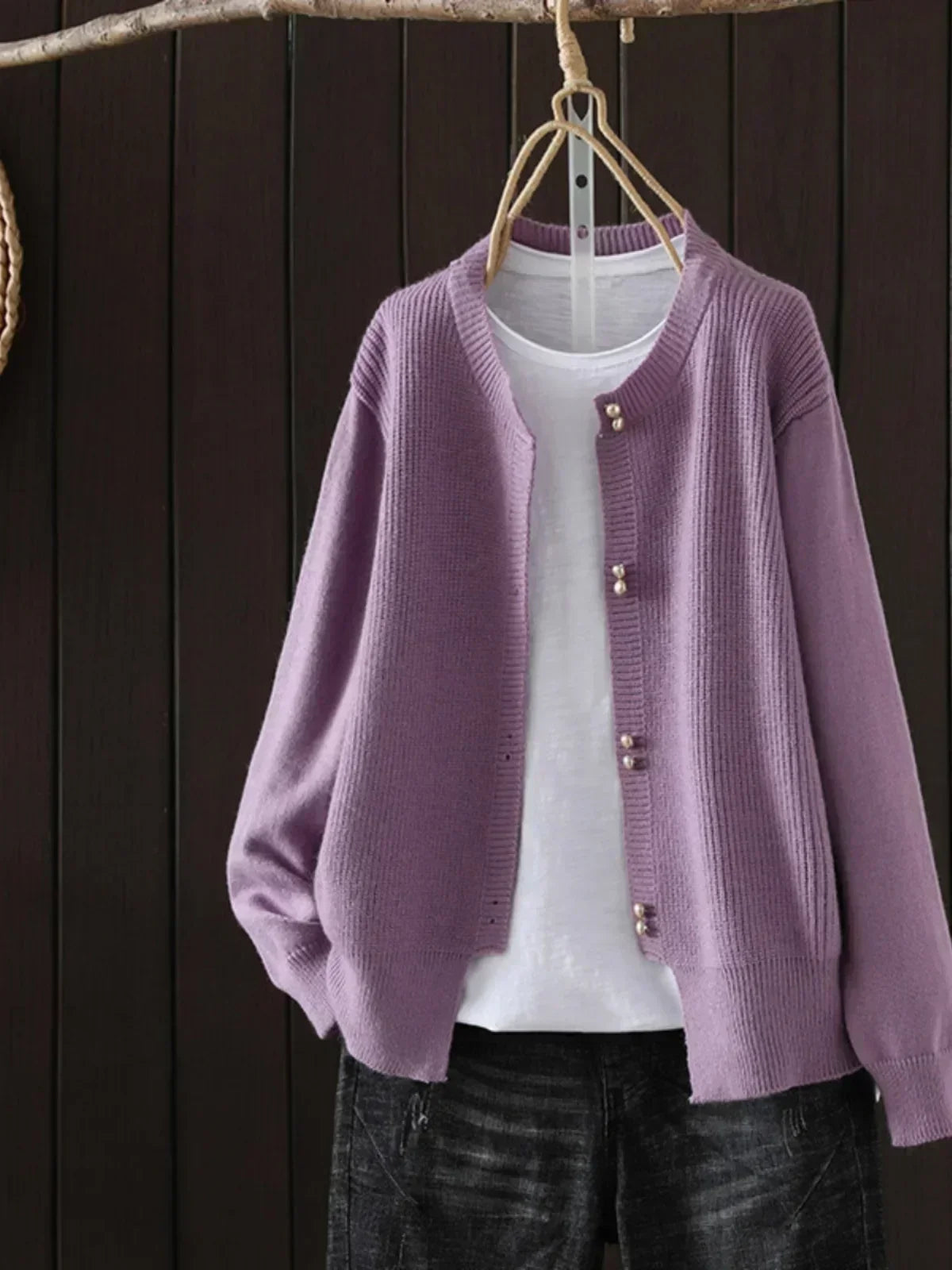 Round Neck Ribbed Knit Pearl Button Long Sleeve Cardigan