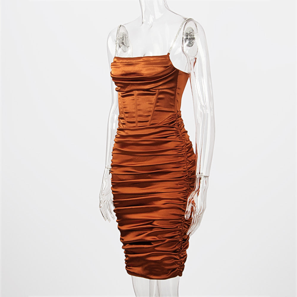 Rhinestone Strap Satin Ruched Corset Bodycon Midi Dress
