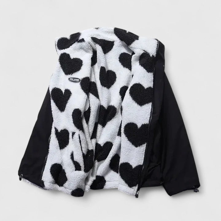 Stand Collar Heart Print Zip-Front Fleece Jacket