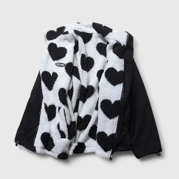 Heart Print Stand Collar Zip-Front Cozy Fleece Jacket