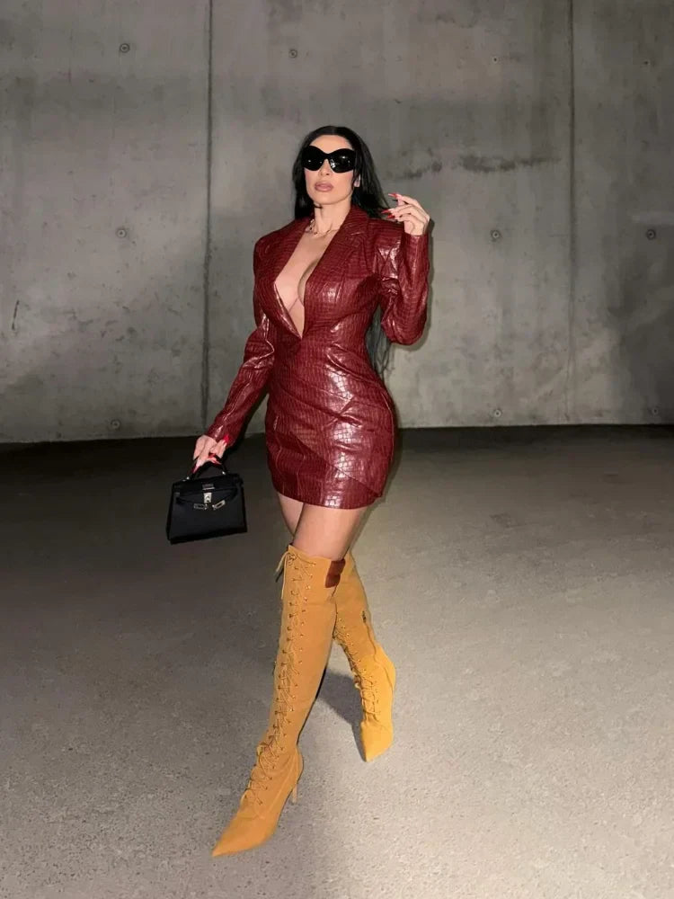 Women Sexy Deep V Red Lattice Leather Mini Dress Fashion Long Sleeve High Waist Fold Slim Dresses Lady Highstreet Short Robe