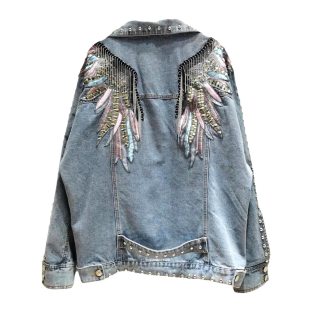 Light Blue Studded Sequin Wing Embroidery Fringe Denim Jacket 2