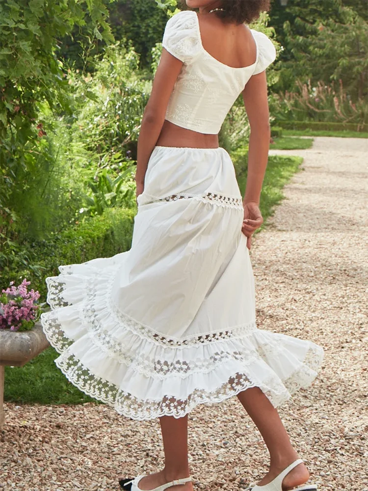 Embroidery White Crop Top Graceful And Midi Skirt Set