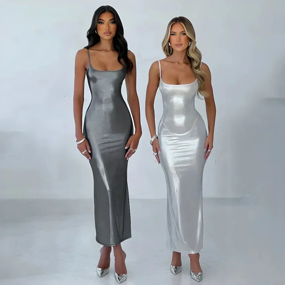 Spaghetti Strap Scoop Neck Metallic Satin Bodycon Maxi Dress 3