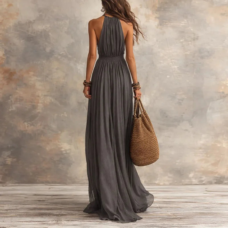 Halter Deep V-Neck Draped Flowy Loose Maxi Dress 4