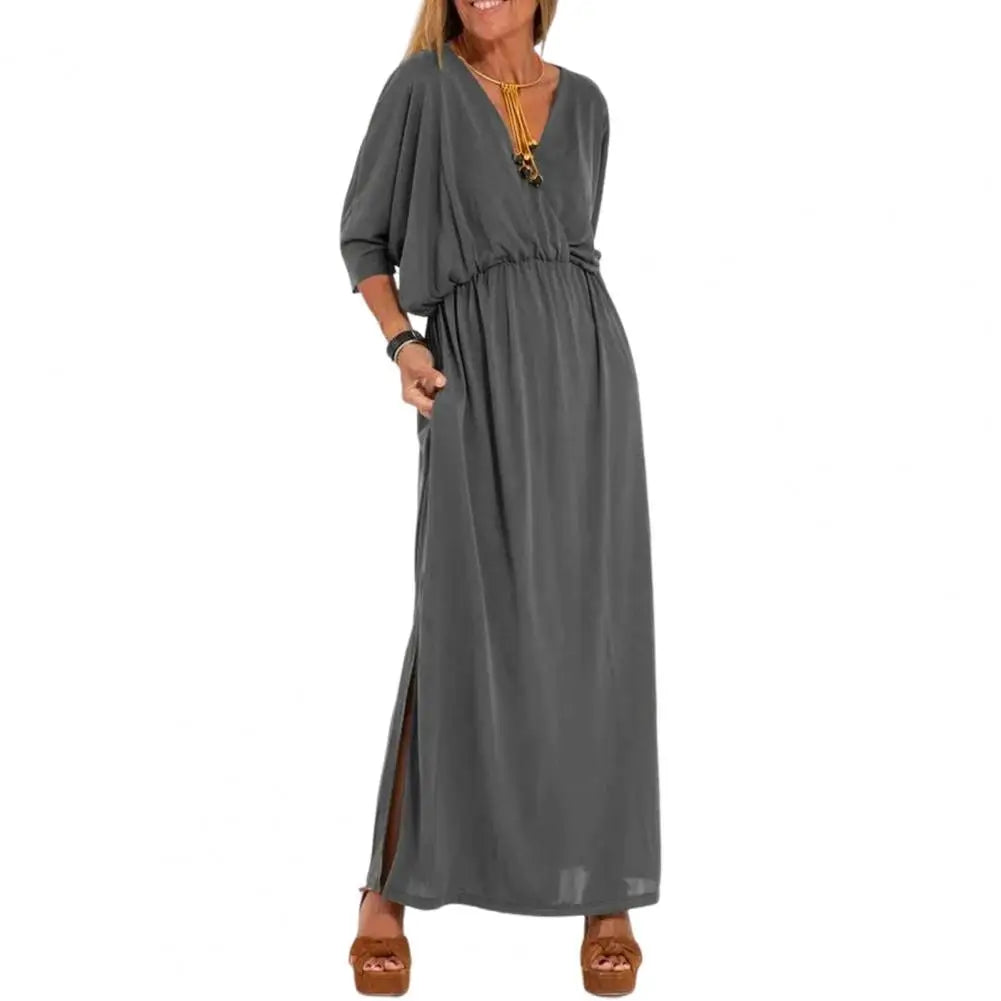 Surplice V-Neck Dolman Sleeve Elastic Waist Flowy Maxi Dress 5