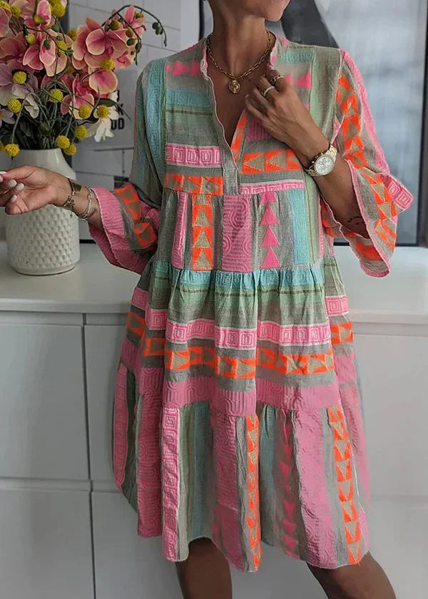 Split Neck Geometric Print Flared Sleeve Tiered A-Line Mini Dress