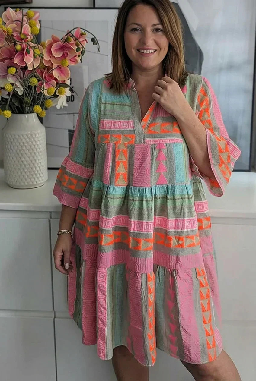 Split Neck Geometric Print Bell Sleeve Tiered Mini Dress 3