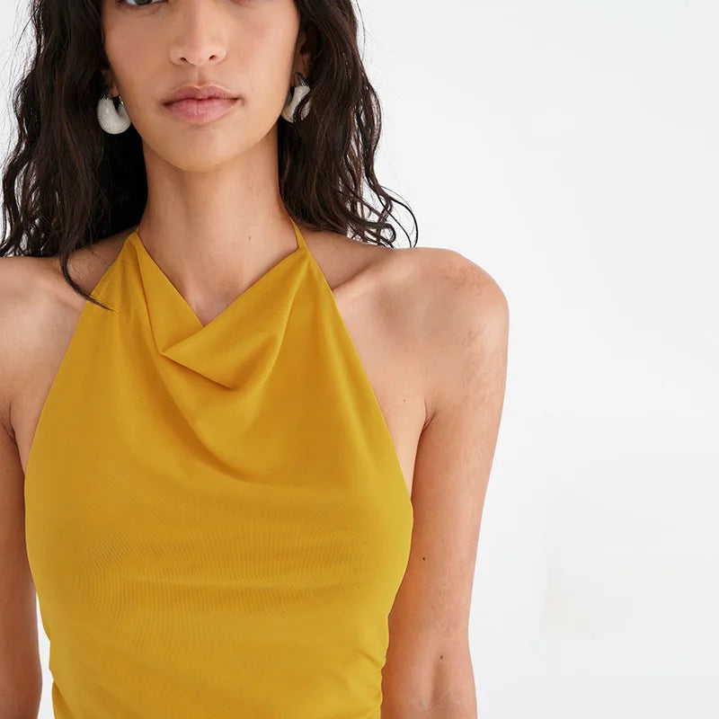 Elegant Backless Solid Mesh Sheer Top