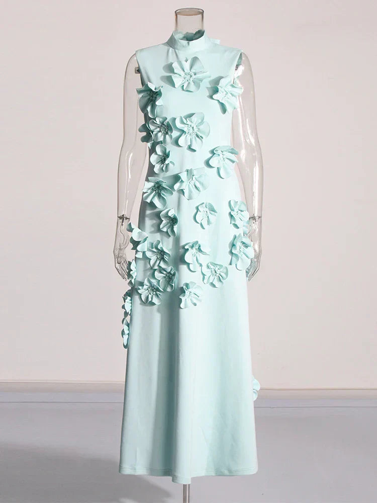 3D Flower Appliqué Mock Neck Midi Dress