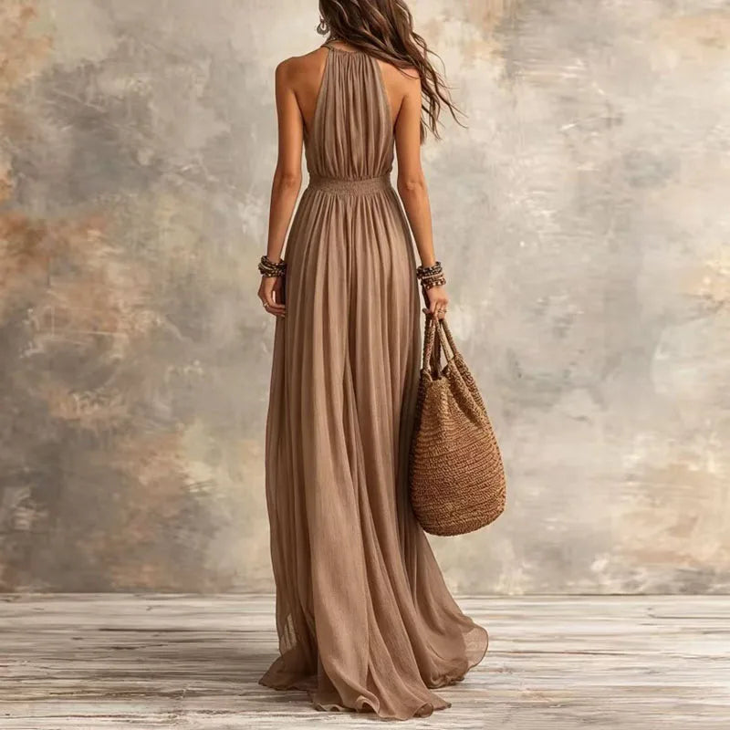 Halter Deep V-Neck Draped Flowy Loose Maxi Dress 3