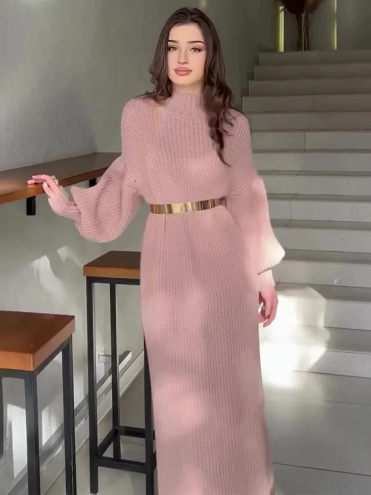Turtleneck Pullover Solid Sweater Dress With Belt