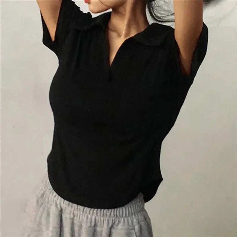 Solid VNeck Lapel Retro Crop Top