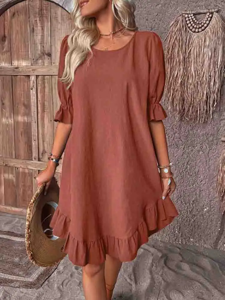 Round Neck Ruffle Sleeve Ruffle Hem A-Line Mini Dress 7