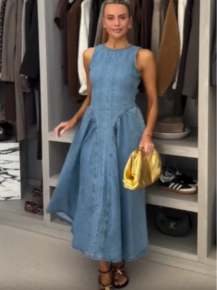 Denim Slim ONeck Sleeveless High Waist Pleated Work Dress