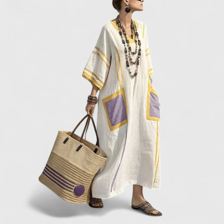 Split Neck Embroidered Striped Pocket Kaftan Maxi Dress