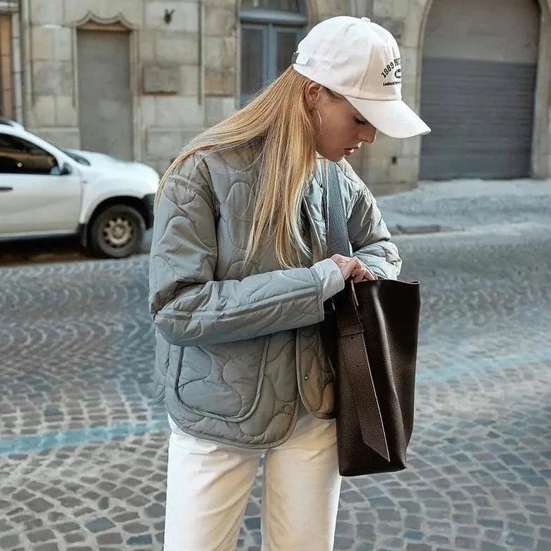 Gray Collarless Wave Quilted Snap Button Padded Jacket