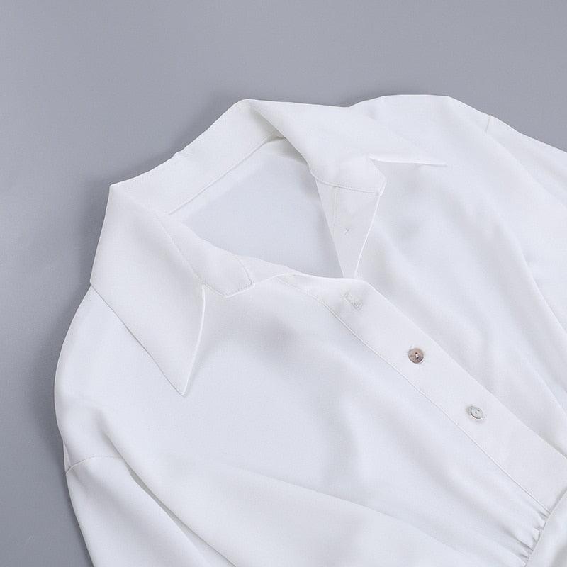 White Collared V-Neck Sheer Long Sleeve Ruched Waist Shirt Mini Dress