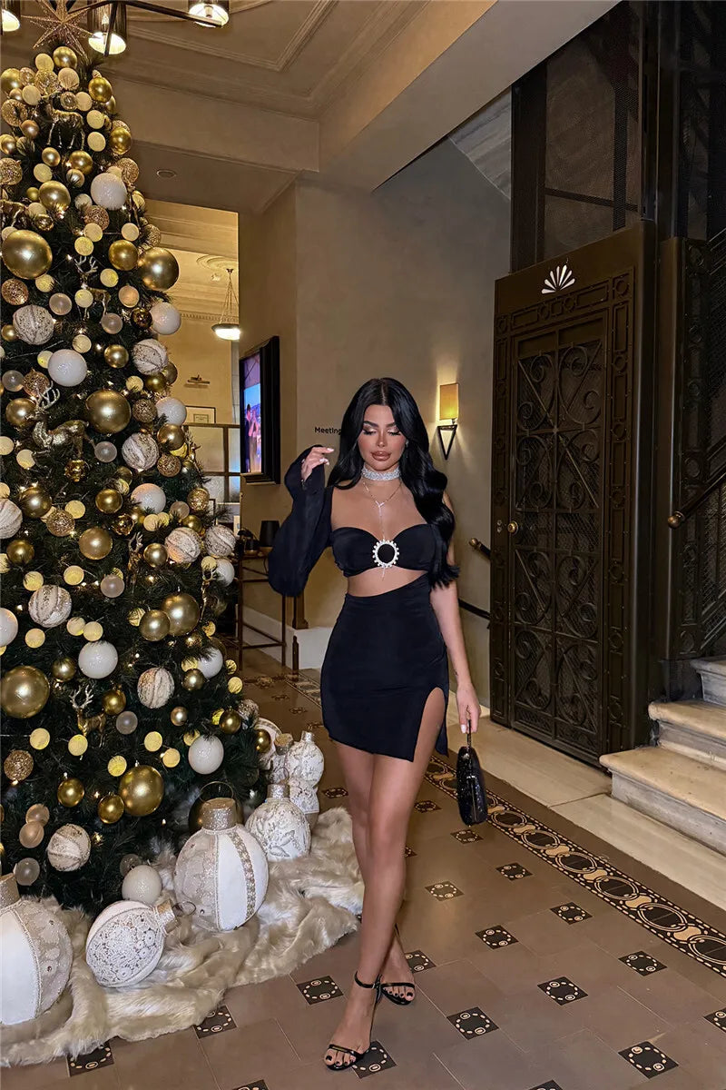 Hollow Out Backless One - Sleeve Side Slit Mini Dress