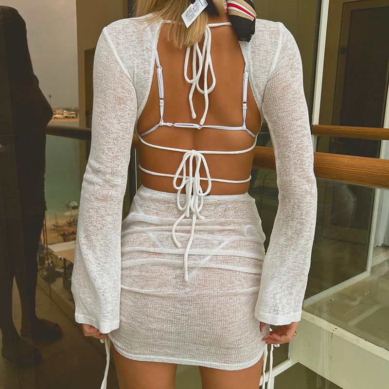 White Crew Neck Long Sleeve Cutout Drawstring Ruched Knit Bodycon Mini Dress 4