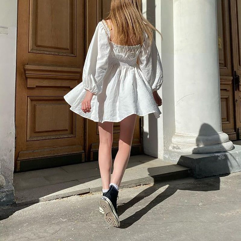 White Off-Shoulder Puff Sleeve Smocked A-Line Mini Dress