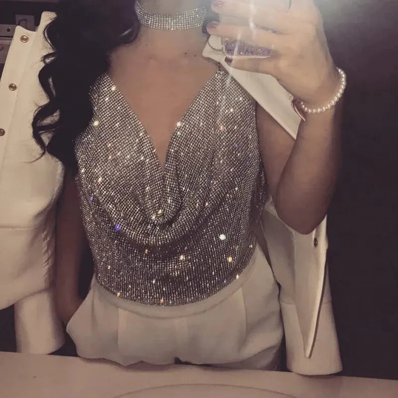 Rhinestone Backless Party Glitter V Neck Cami Top