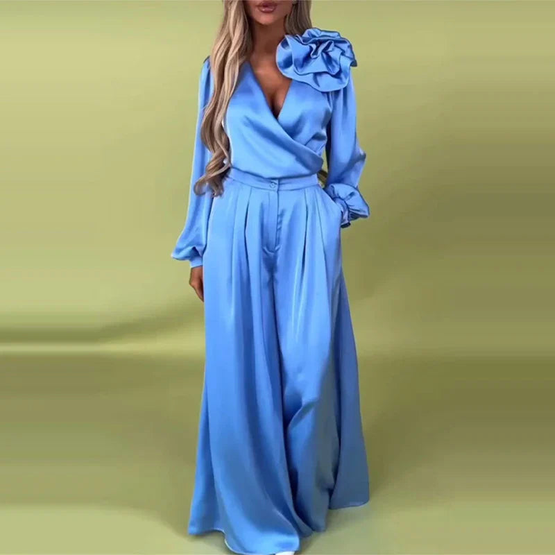 Satin Flower VNeck Wide Leg Suit