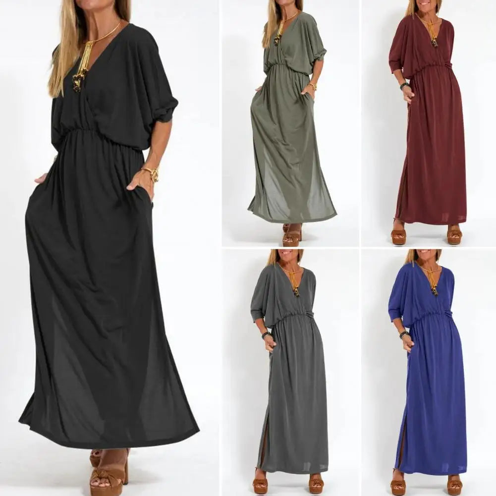 Surplice V-Neck Dolman Sleeve Elastic Waist Flowy Maxi Dress 12