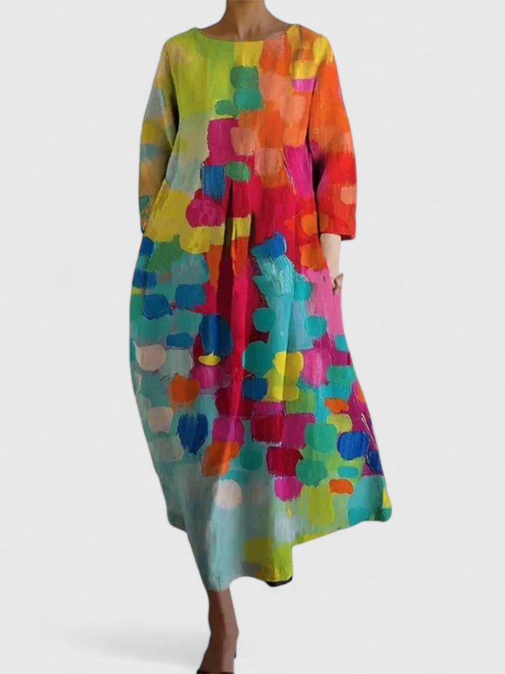 Round Neck Three-Quarter Sleeve Botanical Floral Print Cocoon Midi Dress