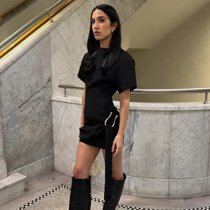 Short Sleeve Draped Black Metal Buckle Mini Dress