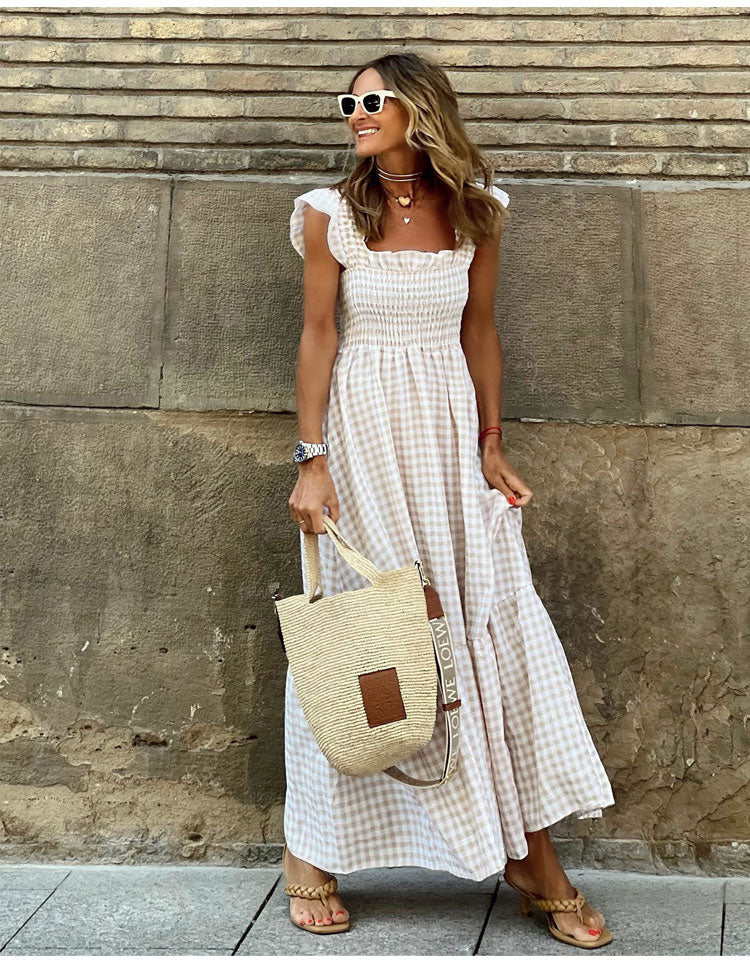 Square Neck Ruffle Strap Smocked Gingham Tiered Maxi Dress