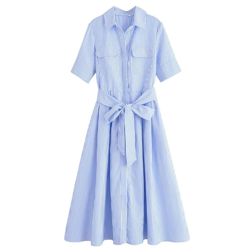 Collar Short Sleeve Chest Pocket Belted A-Line Shirt Dress 9