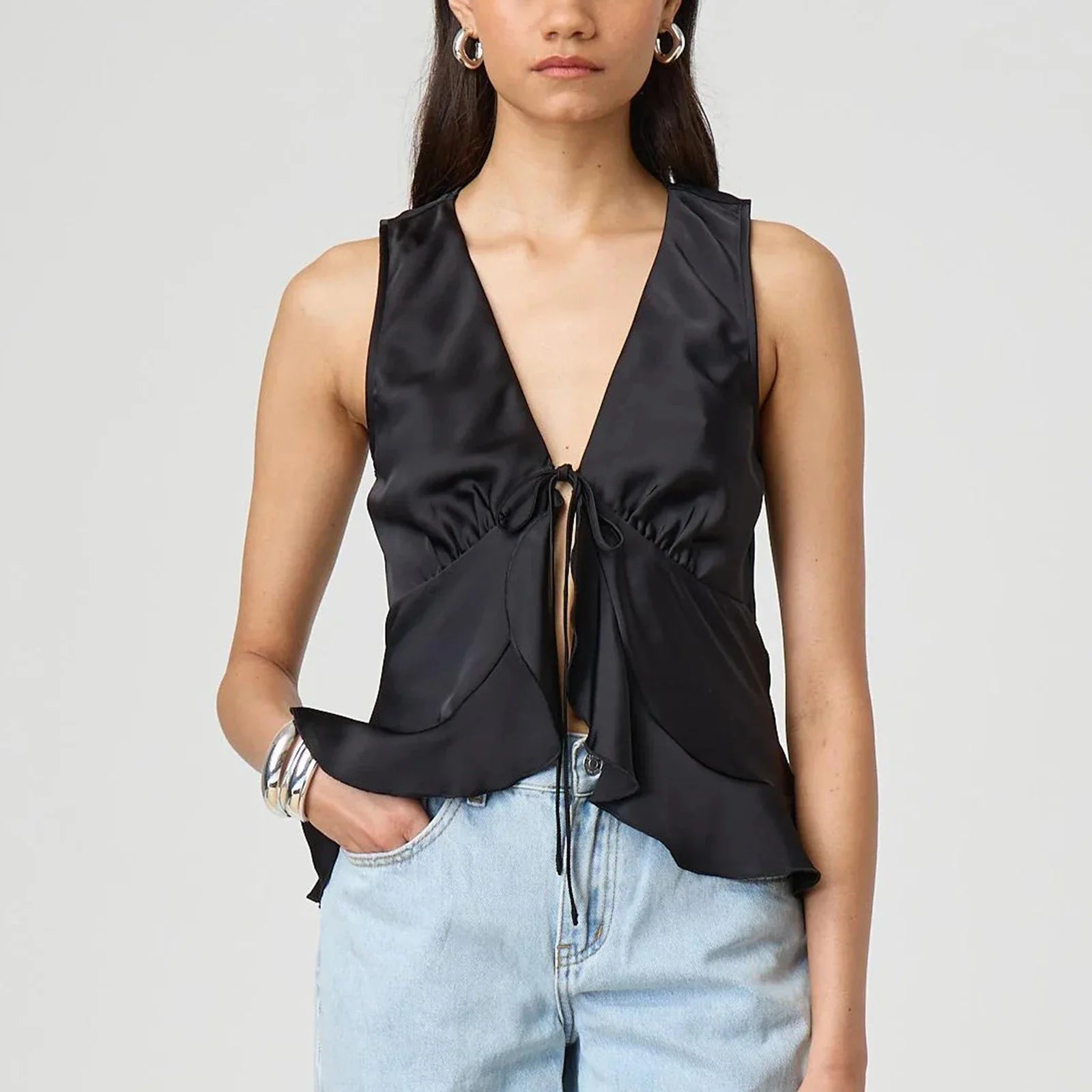 Bow Tieup VNeck Ruffled Hem Silky Cami Top