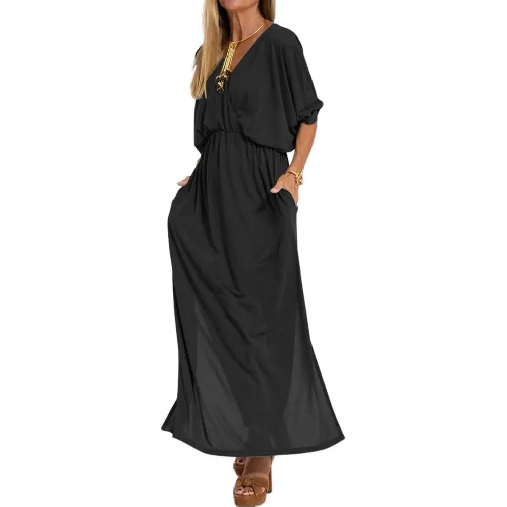 Surplice V-Neck Dolman Sleeve Elastic Waist Flowy Maxi Dress 2