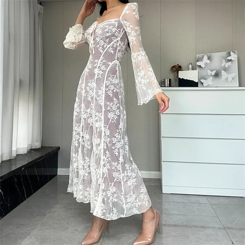 Lace Flared Sleeve ALine Midi Dress