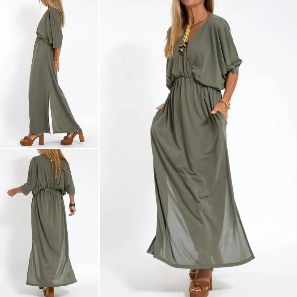 Surplice V-Neck Dolman Sleeve Elastic Waist Flowy Maxi Dress 11