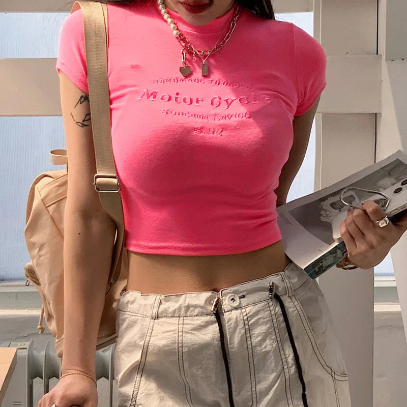 Pink ONeck Slim Fit Streetwear Crop Top