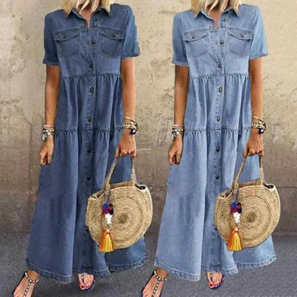 Collared Button Front Denim Short Sleeve Tiered A-Line Maxi Dress 2