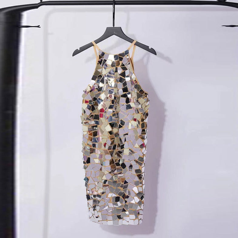 Halter Neck Mirror Sequin Embellished Bodycon Mini Dress