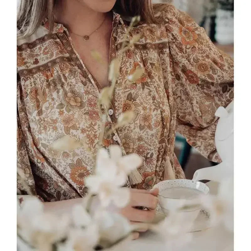 Super Chic Boho Floral Print Vneck Tassel Blouse