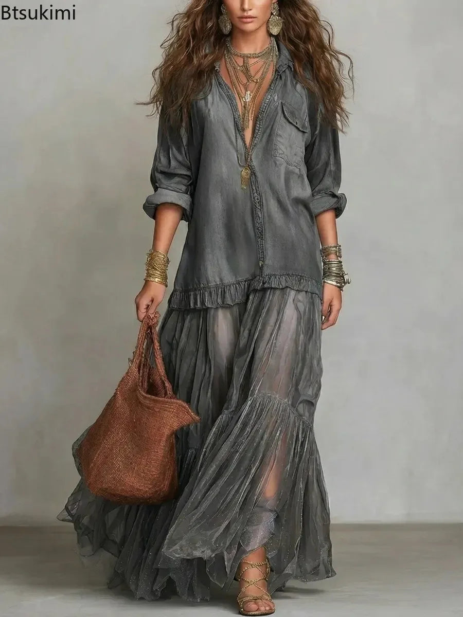 Collared Button Front Long Sleeve Denim Tulle Ruffle Maxi Dress 6