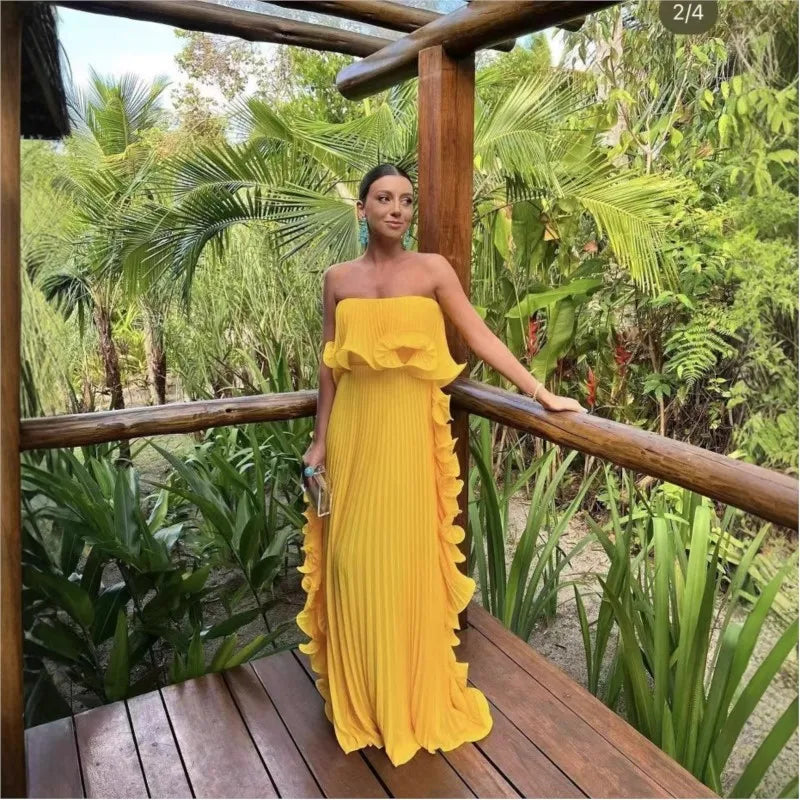 Pleated Chiffon Long Ruffled Strapless Dress