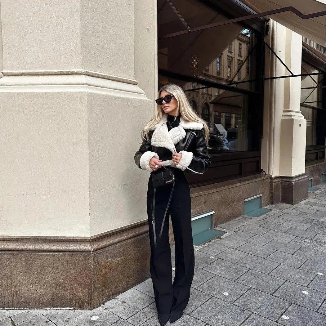 Black Faux Shearling Lapel Zip Cropped Aviator Jacket 4
