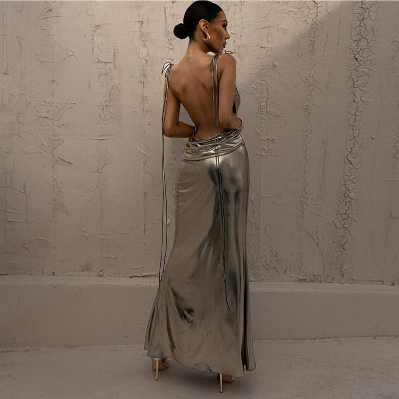 Backless Metallic Tie Strap Ruched High Slit Bodycon Maxi Dress
