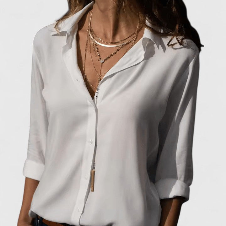 Collared Button-Front Long Sleeve Chiffon Blouse