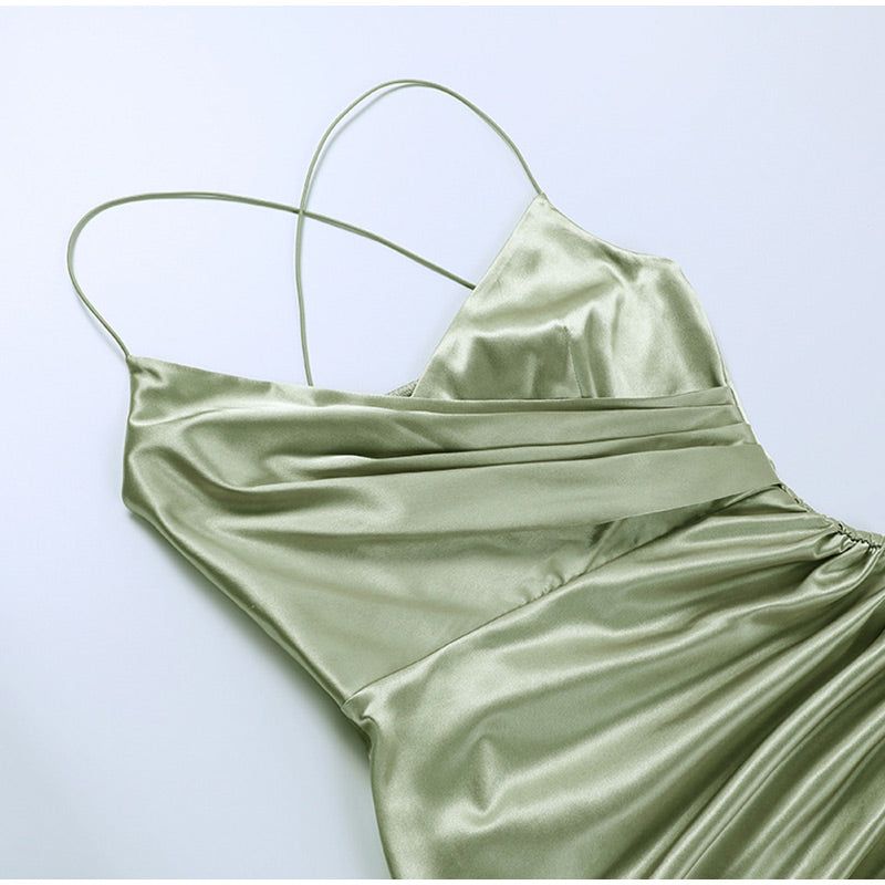 V-Neck Spaghetti Strap Ruched Satin High Slit Midi Dress