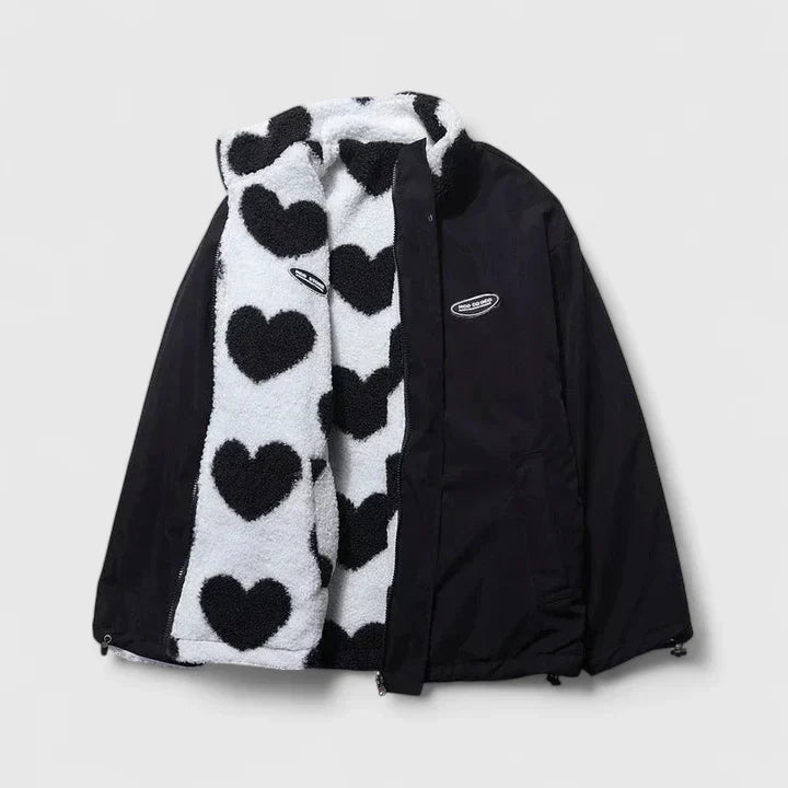 Heart Print Stand Collar Zip-Front Cozy Fleece Jacket
