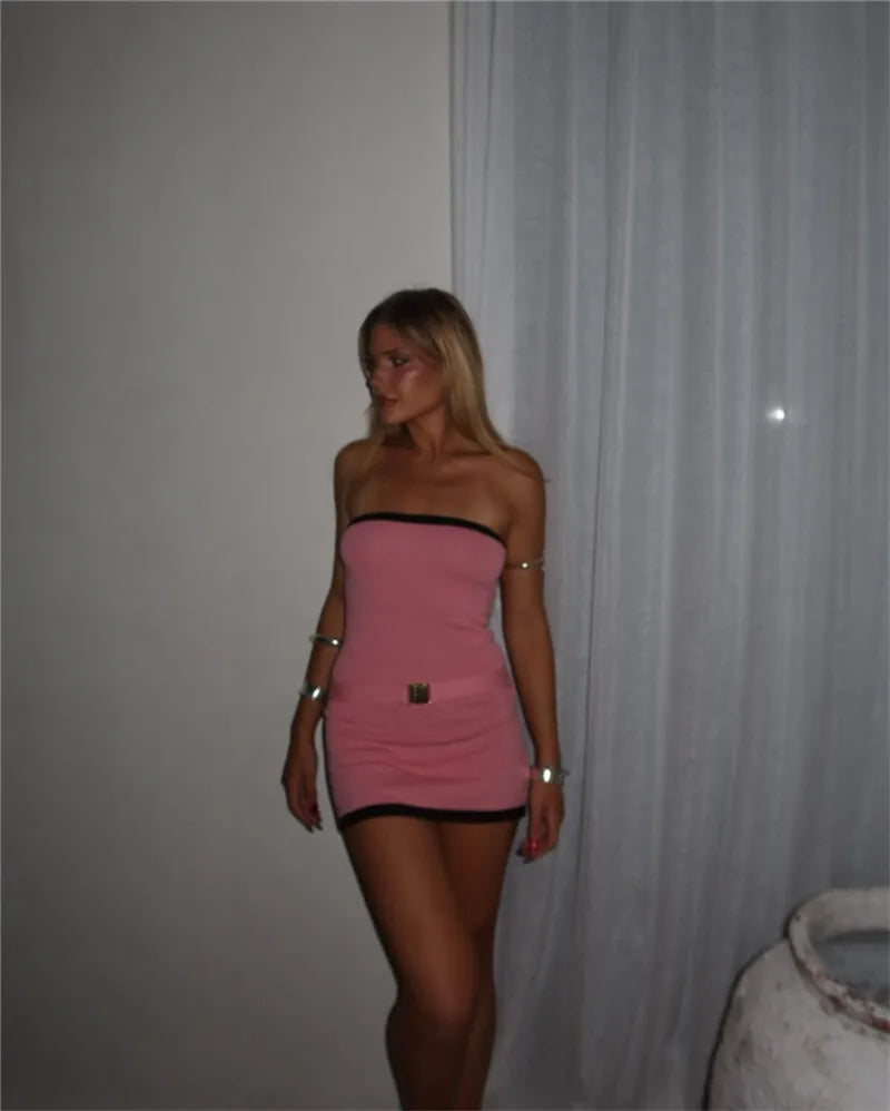 Two - Tone Strapless Ribbed Belt Mini Dress